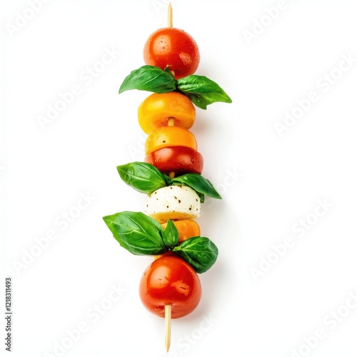 A colorful caprese skewer with cherry tomatoes and basil, isolated white background, neo-impressionist art style