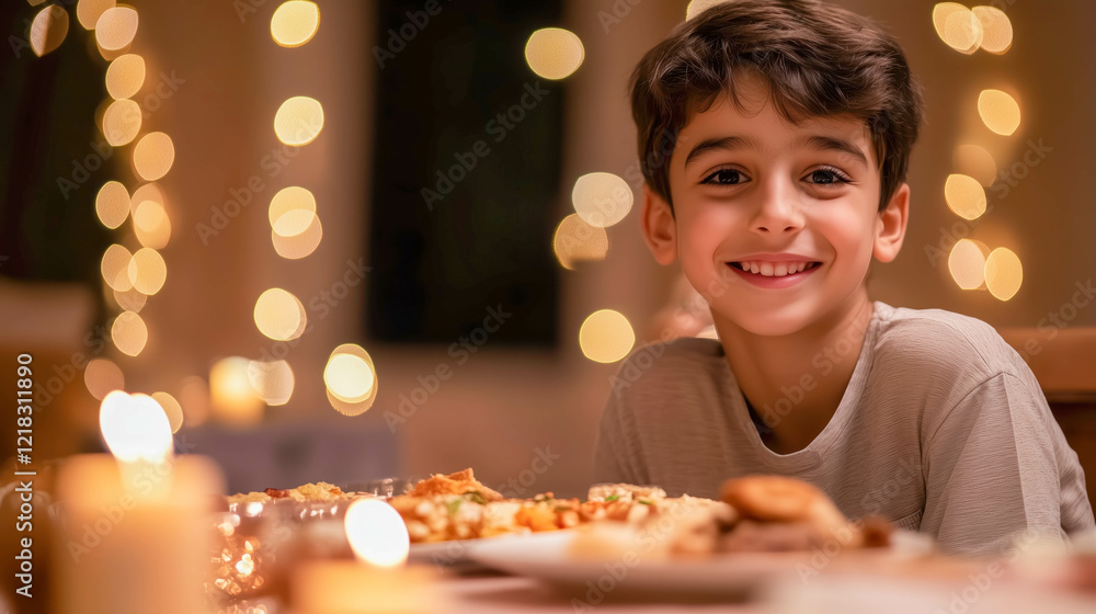 Naklejka premium Muslim boy enjoying festive dinner during ramadan celebration