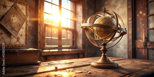 A Golden Celestial Sphere Rests on a Weathered Wooden Desk Bathed in Warm Sunlight Streaming Through an Antique Window photo