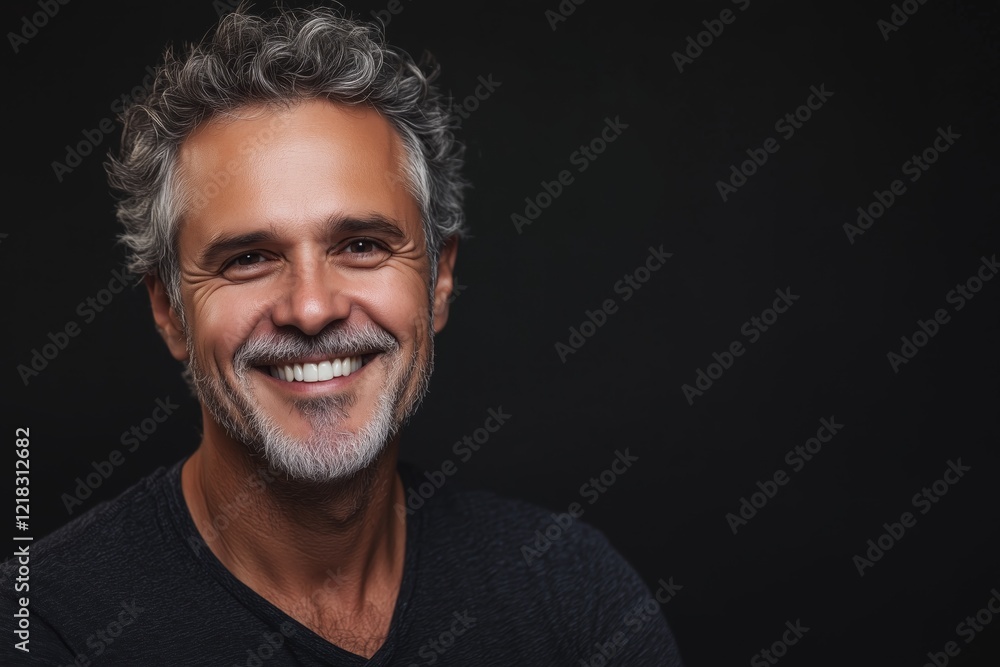 Obraz premium Middle-aged man with a confident and cheerful smile displaying his teeth against dark backdrop