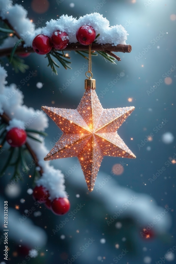 Glittering star-shaped decoration on a snow-covered branch with frosty berries, sparkle, shine, frosty Glittering star-shaped decoration on a snow-covered branch with frosty berries, sparkle, shine, frosty