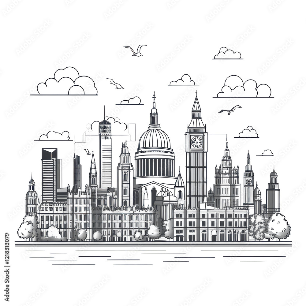 Obraz premium London Skyline Iconic Landmarks Cityscape Sketch
