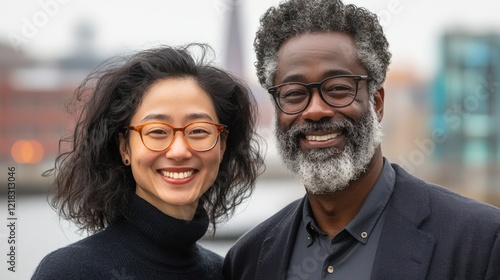 Cheerful Portrait of a Diverse Couple Smiling Together in an Urban Setting, Capturing Joy and Connection in a Natural Environment