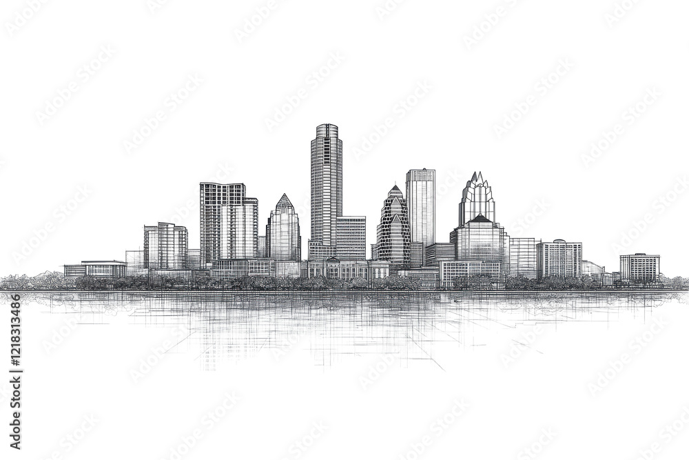 Fototapeta premium Austin Texas Skyline Sketch Black and White Cityscape Architecture,