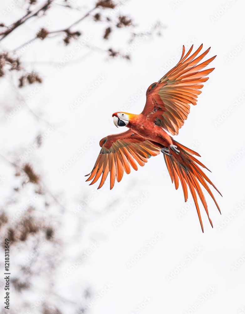 Obraz premium Scarlet Macaw Soaring in Tropical Sky Captures the Beauty of Exotic Birds.