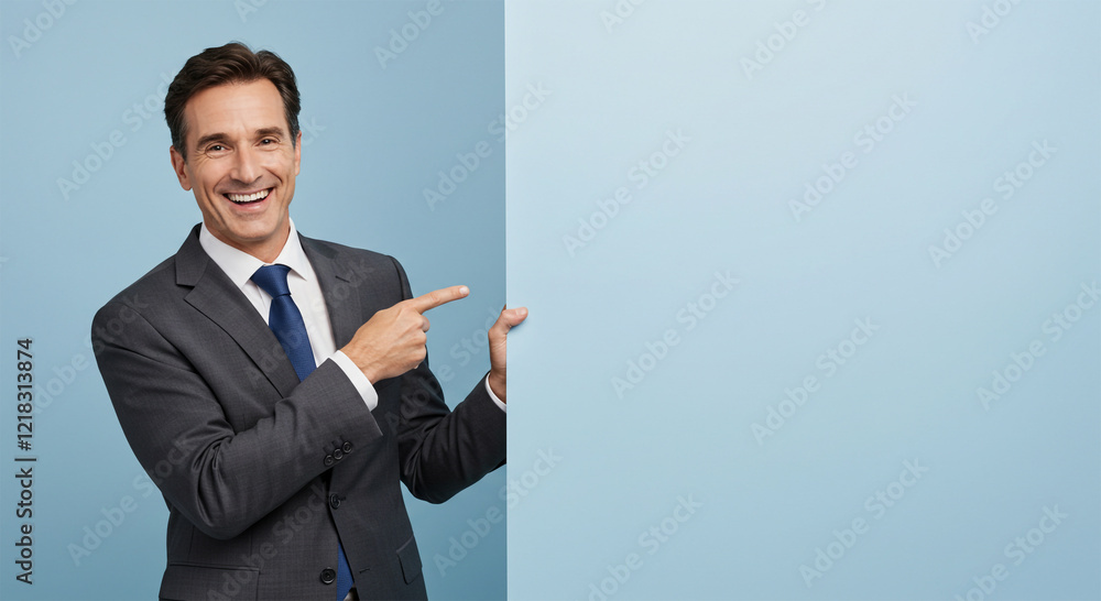 A cheerful businessman in a modern suit and tie, confidently pointing to his side at blank space for advertising