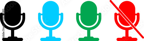 Microphone icon set. Sound mic and mute mic vector illustration. Voice recorder on, off. Simple, classic flat web design. Recording studio symbol. Vector illustration