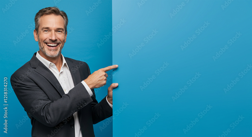 Dynamic portrait of a cheerful businessman in business attire, pointing toward a blank area for text on a bright blue background Dynamic portrait of a cheerful businessman in business attire, pointing toward a blank area for text on a bright blue background