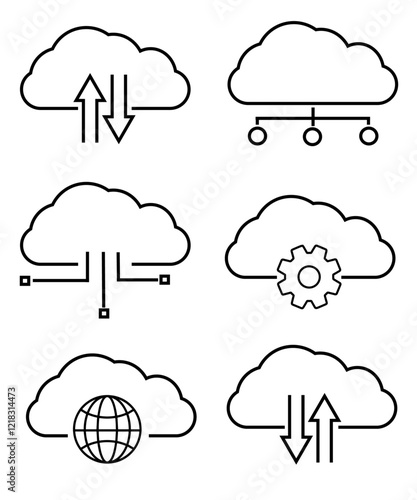 Cloud computing icons depicting data transfer, network connectivity, and global access. These symbols illustrate various aspects of cloud technology, including synchronization and configuration