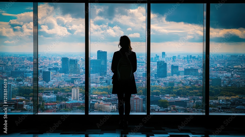 A woman is standing in front of a window looking out at the city A woman is standing in front of a window looking out at the city