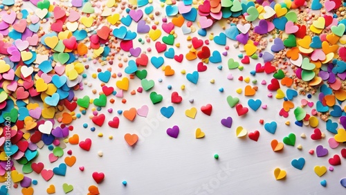 Colorful paper hearts scattered on a white background with confetti overlay in a whimsical and playful style