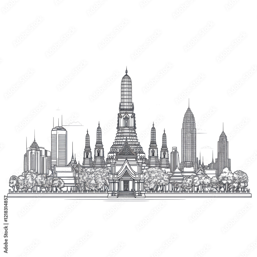 Fototapeta premium Wat Arun Bangkok Skyline Modern Cityscape Sketch,