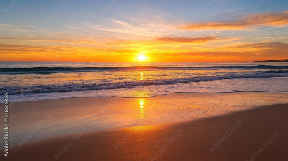 vibrant sunset casting warm orange and pink hues over calm ocean waves, reflecting beautifully on sandy beach, creating serene and peaceful atmosphere vibrant sunset casting warm orange and pink hues over calm ocean waves, reflecting beautifully on sandy beach, creating serene and peaceful atmosphere
