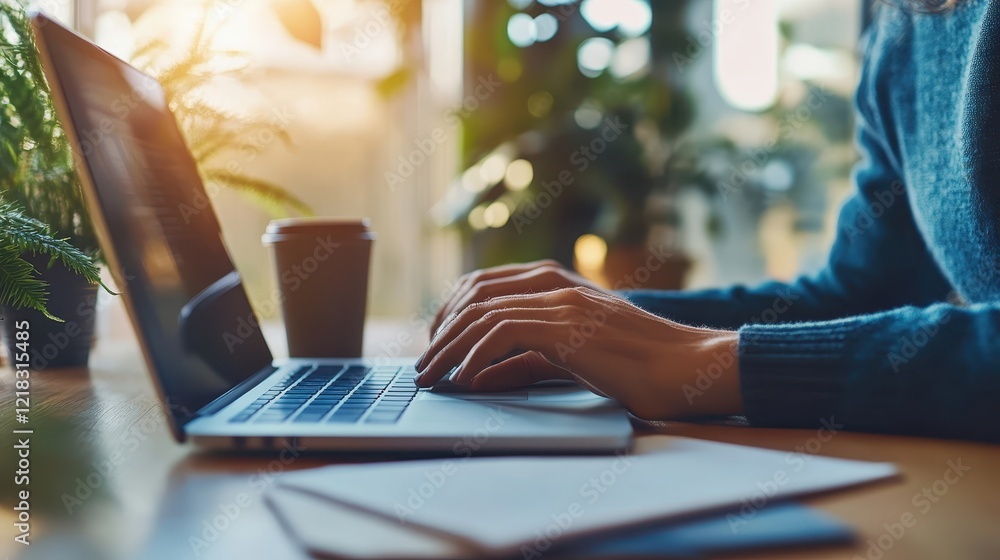 Naklejka premium A person is typing on a laptop computer