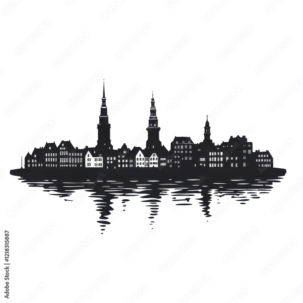 Fototapeta premium Night cityscape silhouette reflecting on water Old Town charm