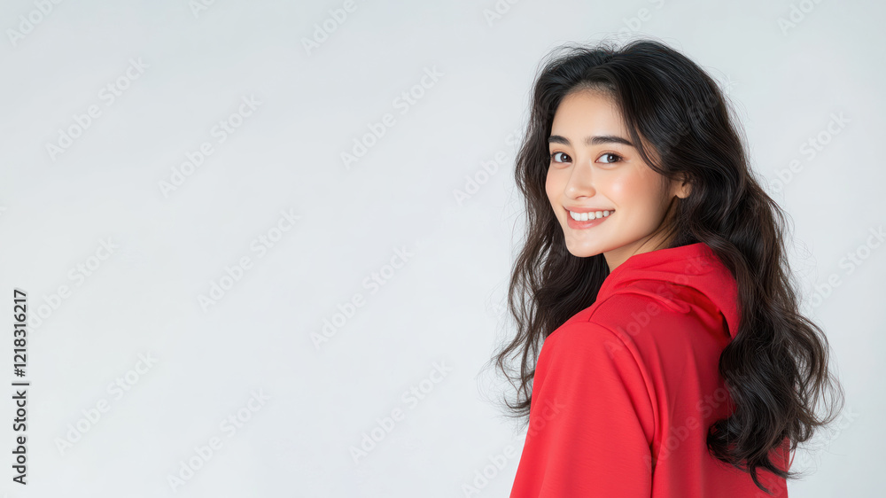 Malay happy woman wearing red apparel smiling isolated on white background Malay happy woman wearing red apparel smiling isolated on white background