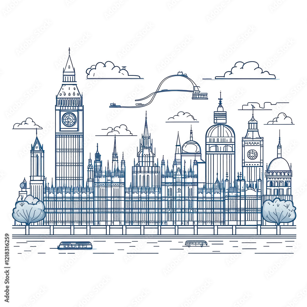 Fototapeta premium London Skyline Big Ben Houses of Parliament Sketch Style