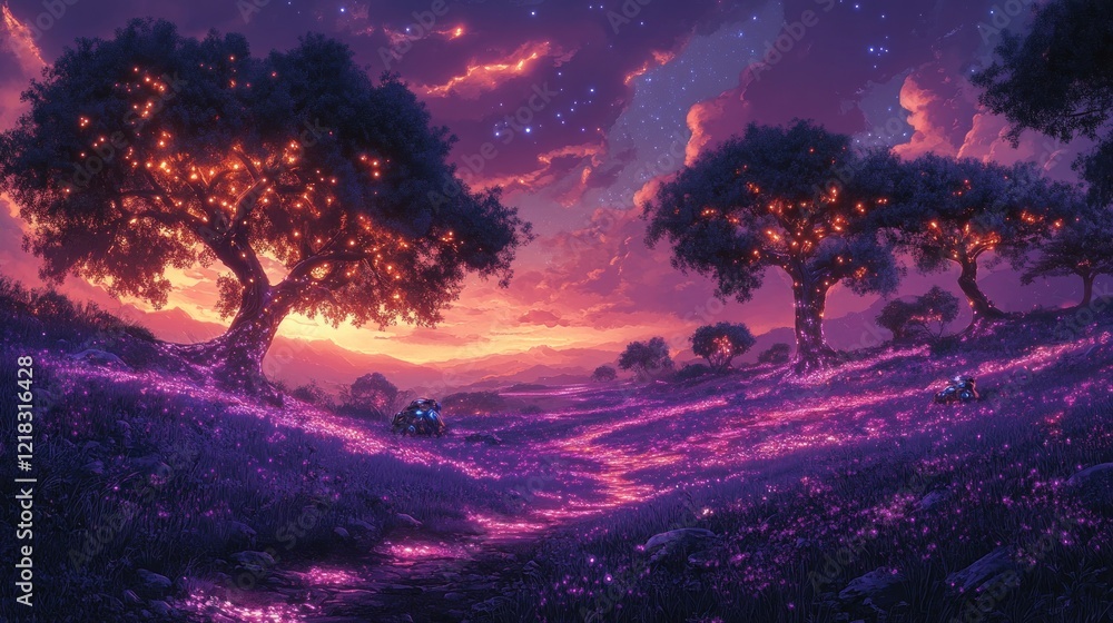 Fototapeta premium Glowing trees and purple flowers illuminate a tranquil landscape at sunset.
