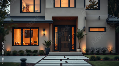 Wallpaper Mural Modern House Exterior at Night. Luxurious Contemporary Home Design, Warm Lighting, and Landscaping Torontodigital.ca