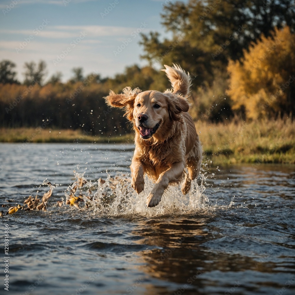 golden retriever dog jumping into water hunting ducks. golden retriever dog jumping into water hunting ducks.