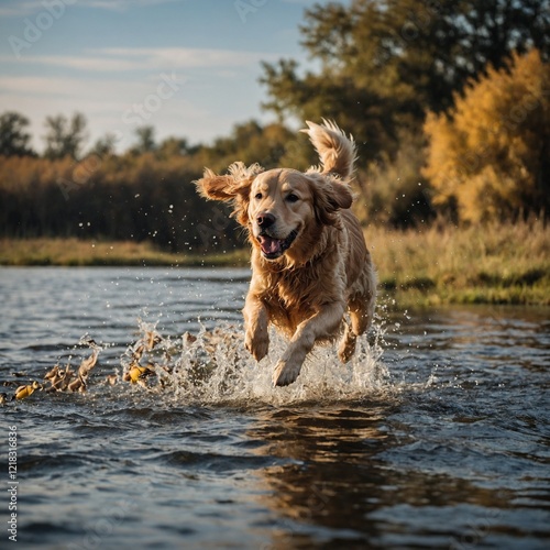 golden retriever dog jumping into water hunting ducks. 