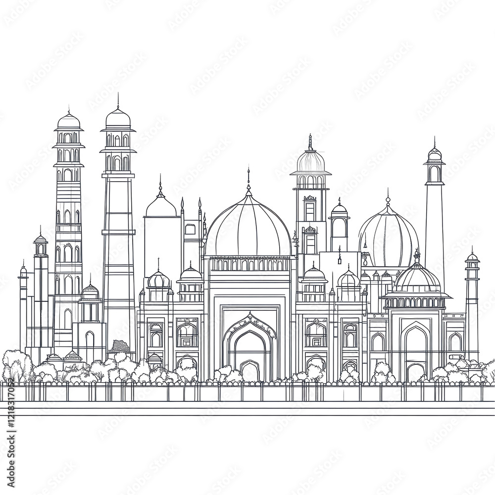 Obraz premium Majestic Mosque Architectural Design Black White Sketch,