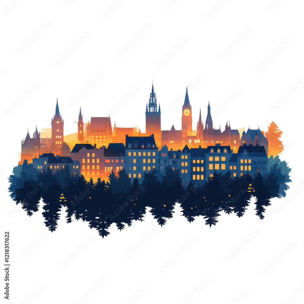 Obraz premium Night cityscape glowing city buildings trees silhouette