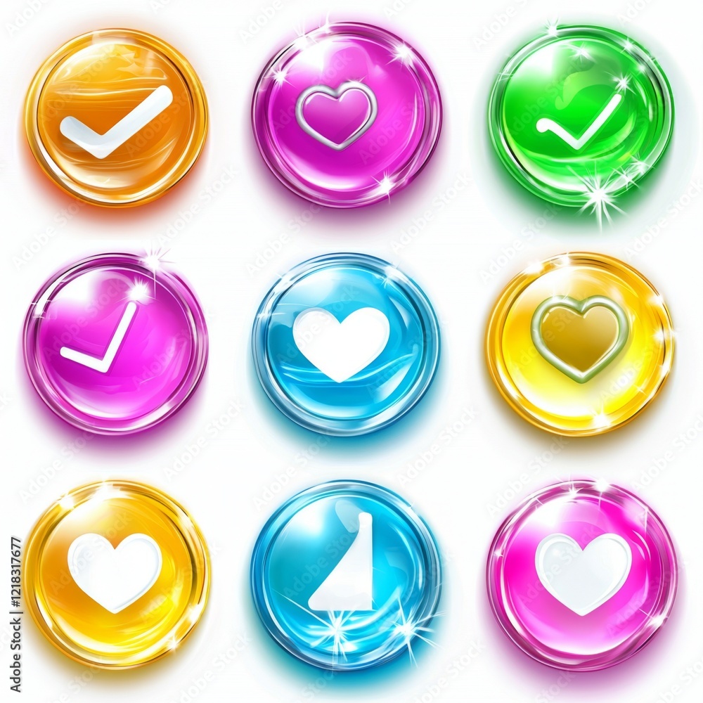 Colorful Shiny Buttons with Symbols of Check, Heart, and Decorative Shapes for Modern Digital Designs Colorful Shiny Buttons with Symbols of Check, Heart, and Decorative Shapes for Modern Digital Designs