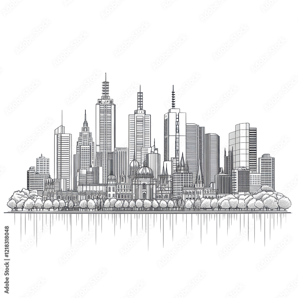 Naklejka premium Melbourne Cityscape Drip Art Skyline Sketch Black White,
