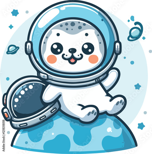 A cute seal wearing an astronaut suit floating in space, showcasing creativity, fun, and imagination in an artistic illustration, perfect for designs celebrating exploration and cosmic adventures.