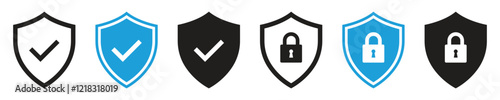 Set of security shield icons with check mark and padlock
