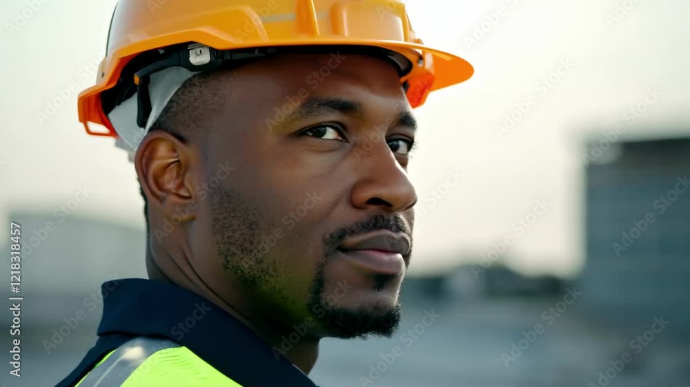 An African American male supervisor in hardhat on construction site. The supervisor’s hardhat signifies his role in maintaining site safety. An African American male supervisor in hardhat on construction site. The supervisor’s hardhat signifies his role in maintaining site safety.