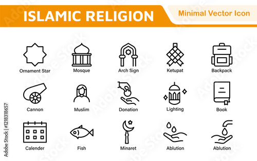 Islamic Icon Set. A beautifully crafted collection of icons reflecting Islamic culture and traditions, educational materials, apps, and websites, and Islamic community.