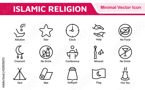 Islamic Icon Set. A beautifully crafted collection of icons reflecting Islamic culture and traditions, educational materials, apps, and websites, and Islamic community.