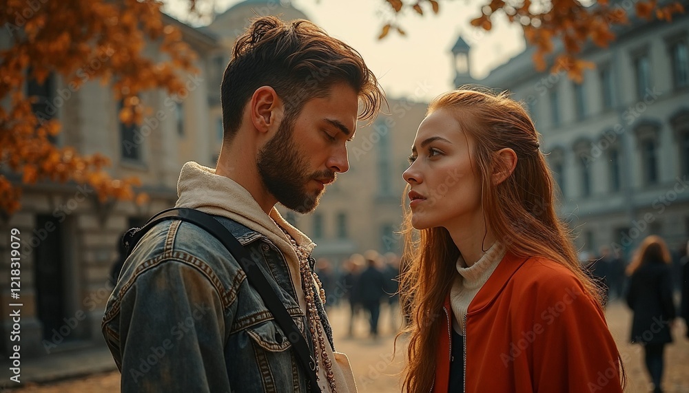 Couple gazing into each other's eyes in a romantic setting during autumn Couple gazing into each other's eyes in a romantic setting during autumn