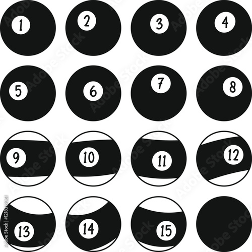 Pool Balls Set 1-15, Billiard balls on white background, pool balls, snooker balls Silhouette