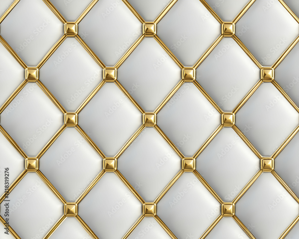 Naklejka premium A seamless 3D wallpaper with 3D soft geometry tiles made from white leather decorated with gold stripes and rhombuses