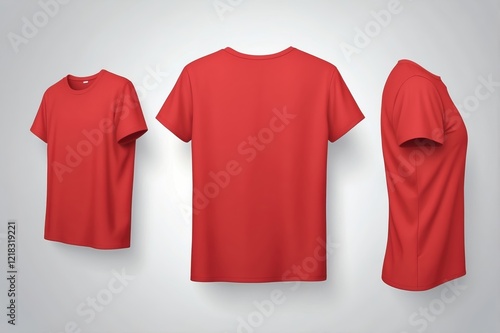 Red t-shirt displayed from three angles against a neutral background for product showcase photo