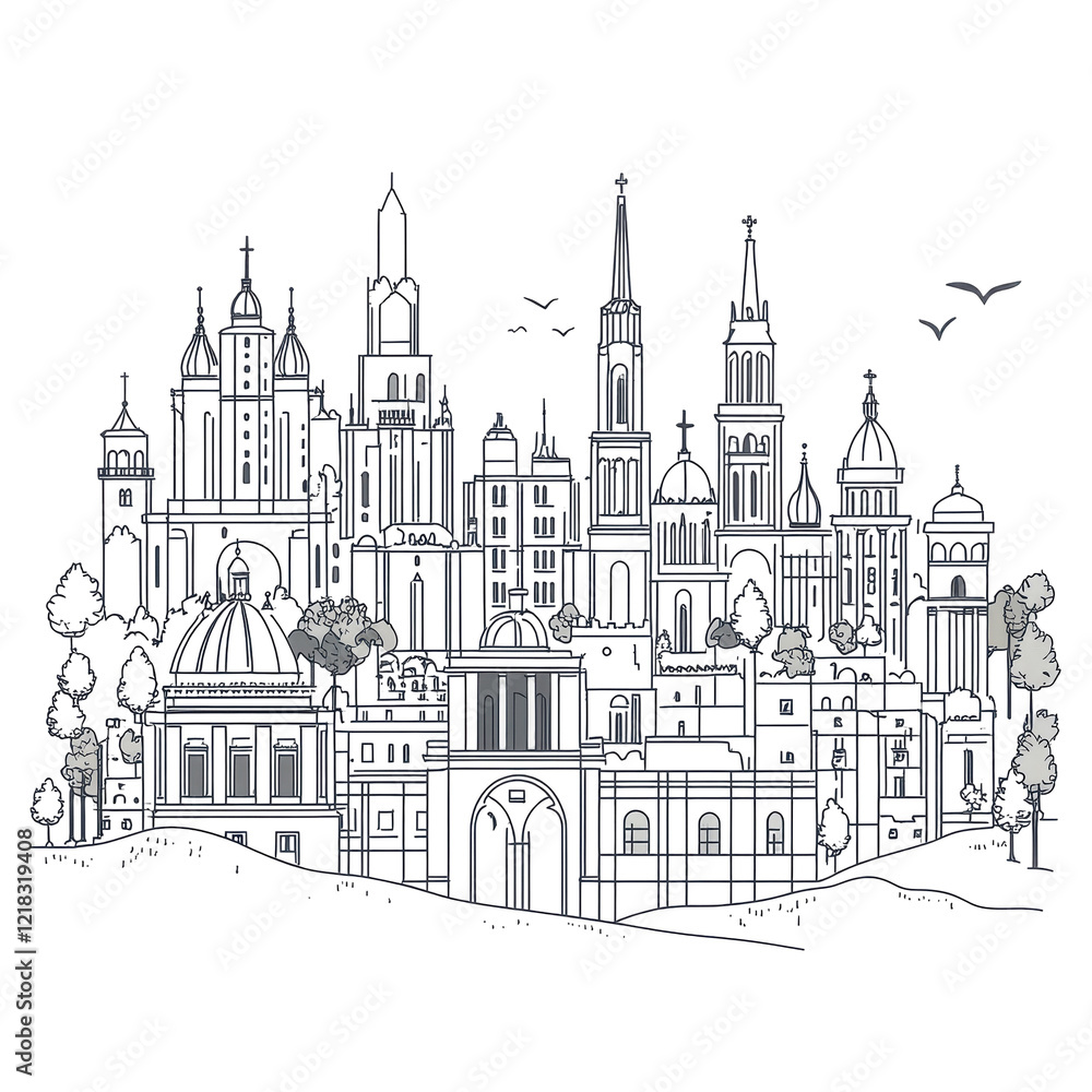 European Cityscape Skyline Sketch Dark Architecture Night Scene European Cityscape Skyline Sketch Dark Architecture Night Scene