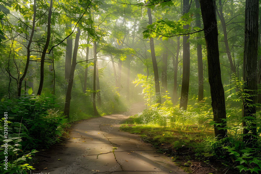 Obraz premium Misty Morning in an Enchanted Forest: Sunlight Breaking Through the Trees