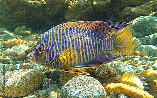 Vibrant emperor angelfish swimming amidst smooth river rocks. photo