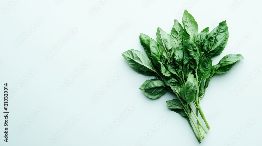 Fresh basil sprig on light blue background, food recipe, cooking Fresh basil sprig on light blue background, food recipe, cooking