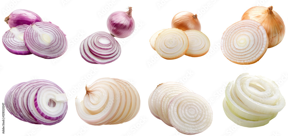 Collection of various sliced and whole onions, including red, white, and yellow onions isolated on white transparent background PNG set Collection of various sliced and whole onions, including red, white, and yellow onions isolated on white transparent background PNG set