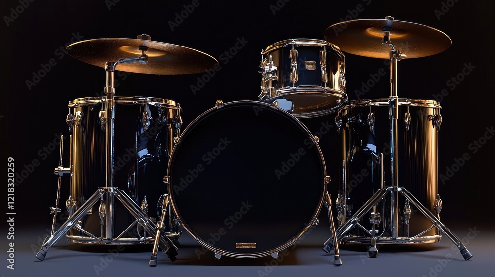Drum set with black and gold drums and cymbals, dark background, musical instrument. Drum set with black and gold drums and cymbals, dark background, musical instrument.