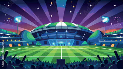 Futuristic Stadium at Night - Glowing Floodlights, Silhouetted Crowd, and Starry Sky