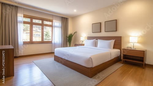 Sophisticated hotel room featuring king size bed, wooden furniture, and large windows. serene atmosphere invites relaxation and comfort, perfect for getaway