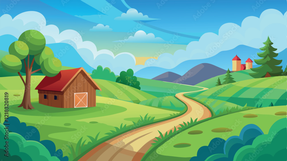 Fototapeta premium Lush Green Countryside Scene - Rolling Hills, Dirt Path, and Wooden Farmhouse