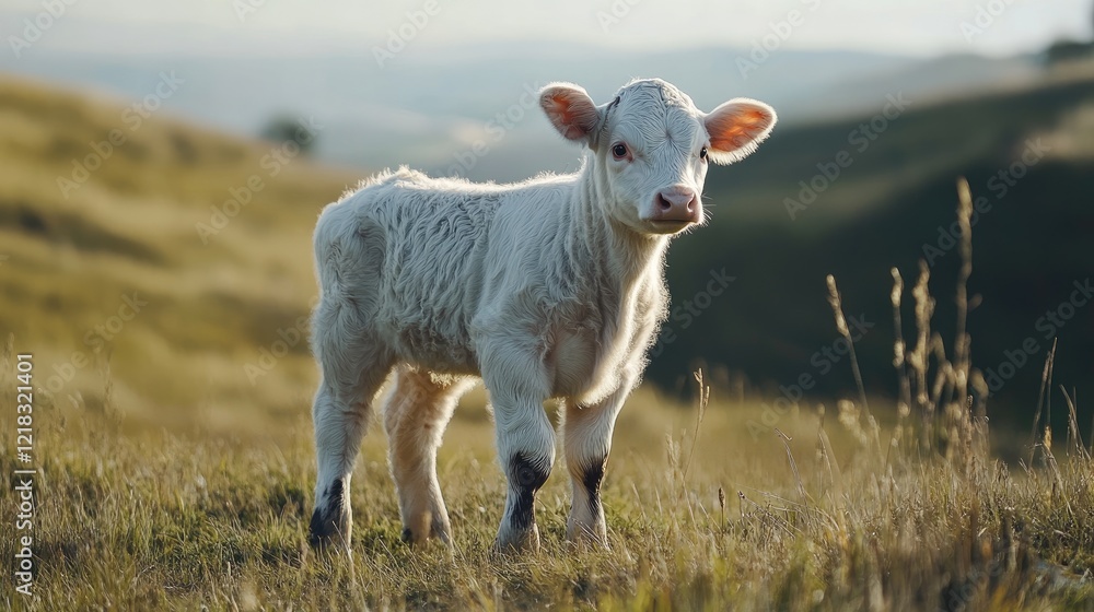 Fototapeta premium A pedigree calf in profile, standing tall on a grassy hill, with natural light highlighting its fine features.