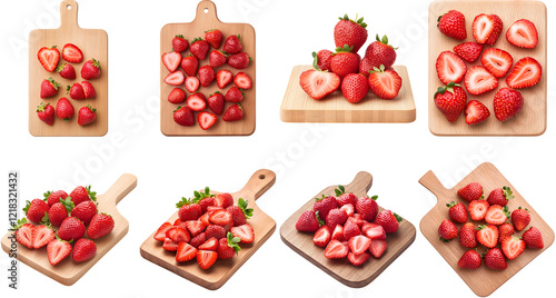 Collection of various Fresh strawberries being sliced on a wooden cutting board isolated on white transparent background PNG set