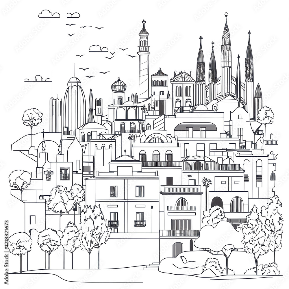 custom made wallpaper toronto digitalCityscape illustration black and white sketch style architecture buildings trees birds clouds